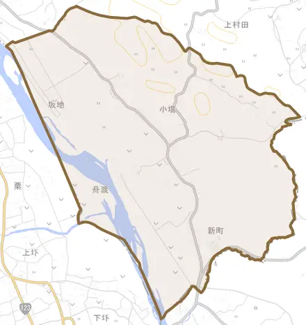 小場とその周辺の地図。町の範囲を重ねている
