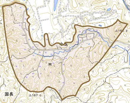 小玉とその周辺の地図。町の範囲を重ねている