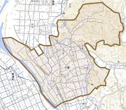 小倉とその周辺の地図。町の範囲を重ねている