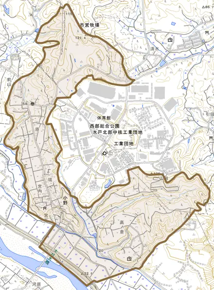 小野とその周辺の地図。町の範囲を重ねている