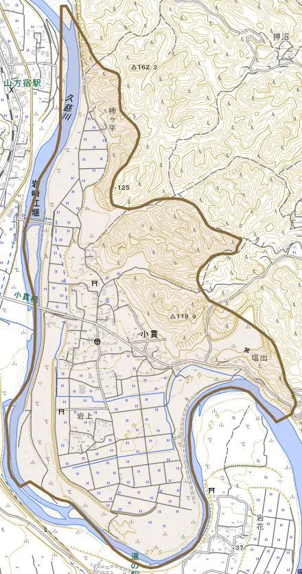 小貫とその周辺の地図。町の範囲を重ねている