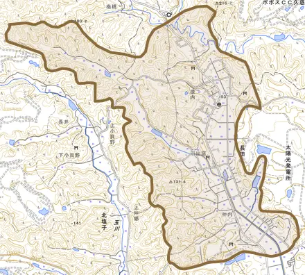 長田とその周辺の地図。町の範囲を重ねている