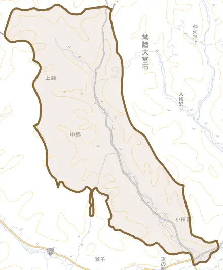 小田野とその周辺の地図。町の範囲を重ねている