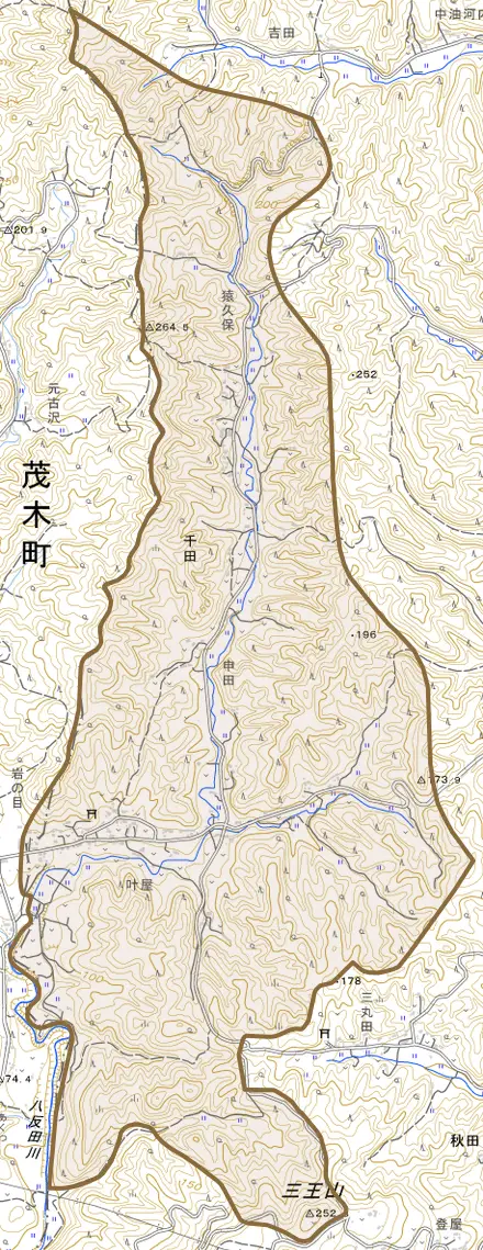 千田とその周辺の地図。町の範囲を重ねている