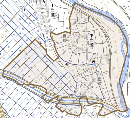下岩瀬とその周辺の地図。町の範囲を重ねている