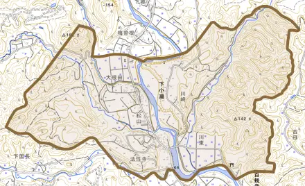 下小瀬とその周辺の地図。町の範囲を重ねている