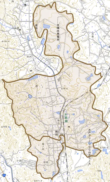 照田とその周辺の地図。町の範囲を重ねている