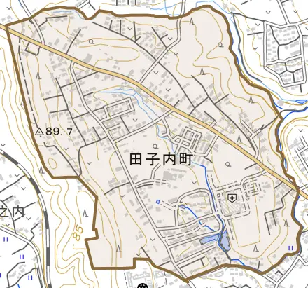 田子内町とその周辺の地図。町の範囲を重ねている
