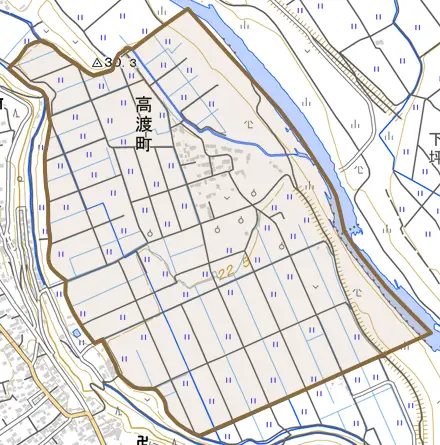 高渡町とその周辺の地図。町の範囲を重ねている