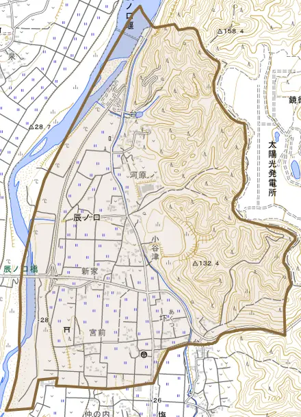 辰ノ口とその周辺の地図。町の範囲を重ねている