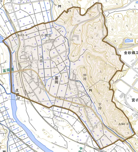 富岡とその周辺の地図。町の範囲を重ねている