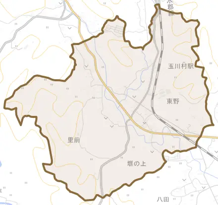 東野とその周辺の地図。町の範囲を重ねている