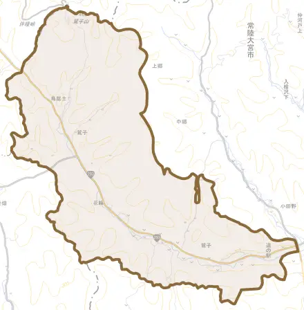 鷲子とその周辺の地図。町の範囲を重ねている