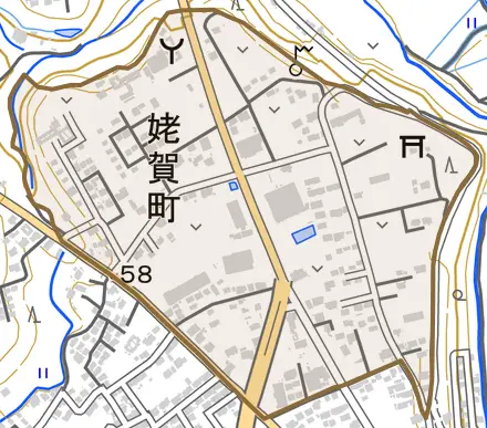 姥賀町とその周辺の地図。町の範囲を重ねている