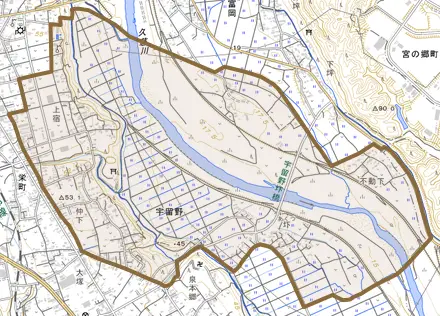 宇留野とその周辺の地図。町の範囲を重ねている
