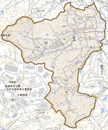 若林とその周辺の地図。町の範囲を重ねている