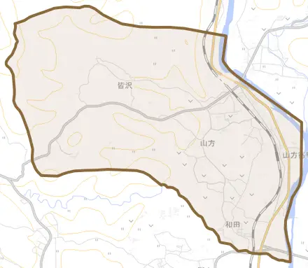 山方とその周辺の地図。町の範囲を重ねている