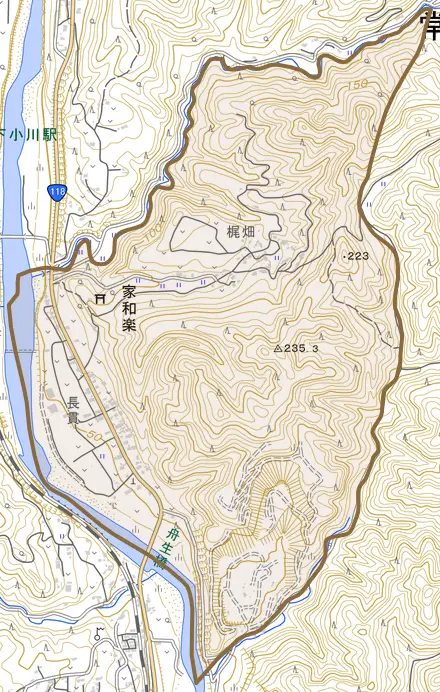 家和楽とその周辺の地図。町の範囲を重ねている