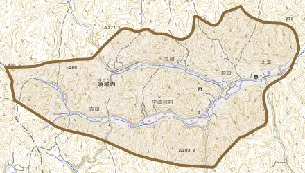 油河内とその周辺の地図。町の範囲を重ねている