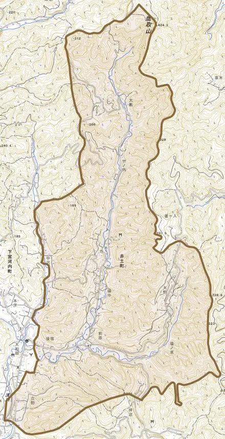 赤土町とその周辺の地図。町の範囲を重ねている