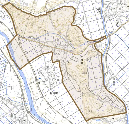 花房町とその周辺の地図。町の範囲を重ねている