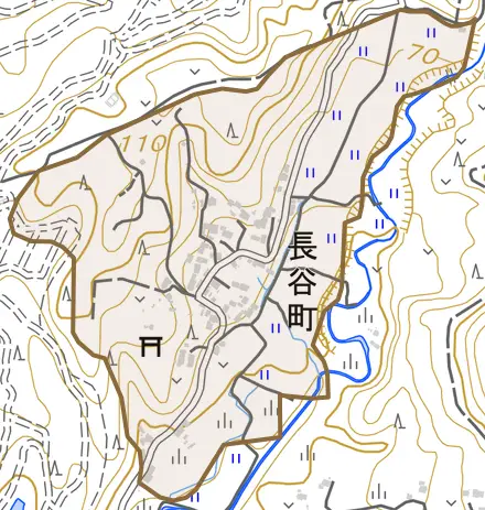 長谷町とその周辺の地図。町の範囲を重ねている