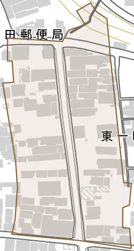 東一町とその周辺の地図。町の範囲を重ねている