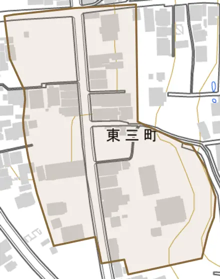 東三町とその周辺の地図。町の範囲を重ねている