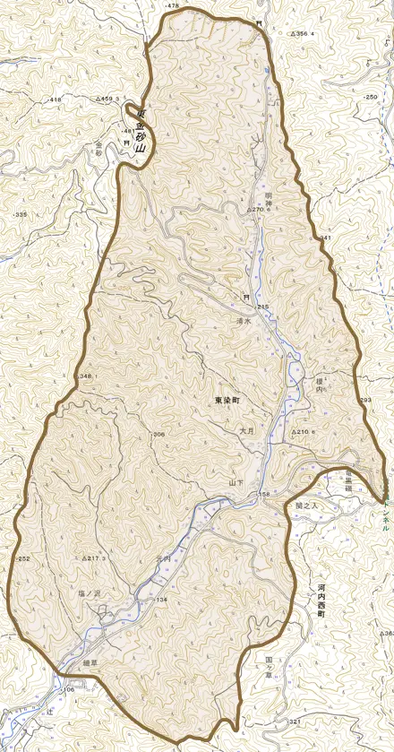 東染町とその周辺の地図。町の範囲を重ねている