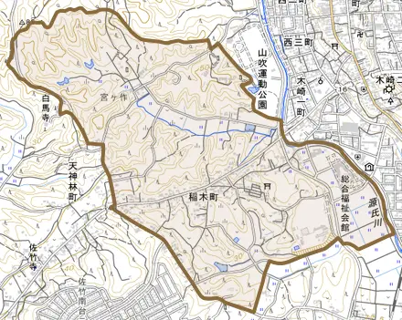 稲木町とその周辺の地図。町の範囲を重ねている