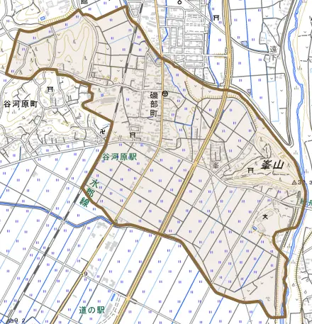 磯部町とその周辺の地図。町の範囲を重ねている