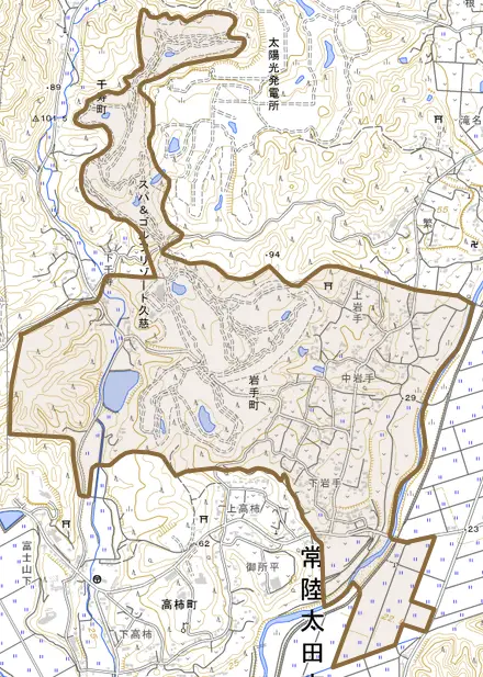 岩手町とその周辺の地図。町の範囲を重ねている