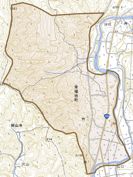 常福地町とその周辺の地図。町の範囲を重ねている