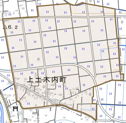 上土木内町とその周辺の地図。町の範囲を重ねている