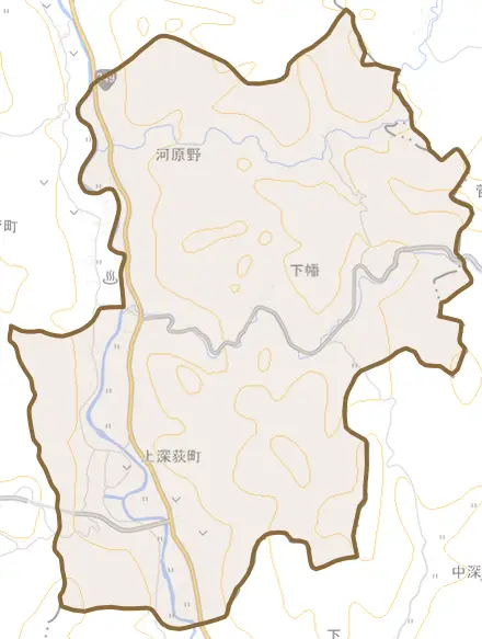 上深荻町とその周辺の地図。町の範囲を重ねている