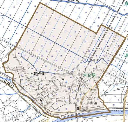 上河合町とその周辺の地図。町の範囲を重ねている