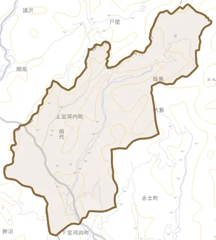 上宮河内町とその周辺の地図。町の範囲を重ねている