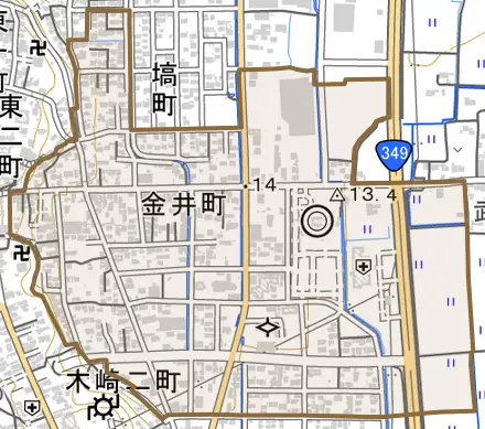 金井町とその周辺の地図。町の範囲を重ねている