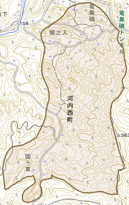 河内西町とその周辺の地図。町の範囲を重ねている