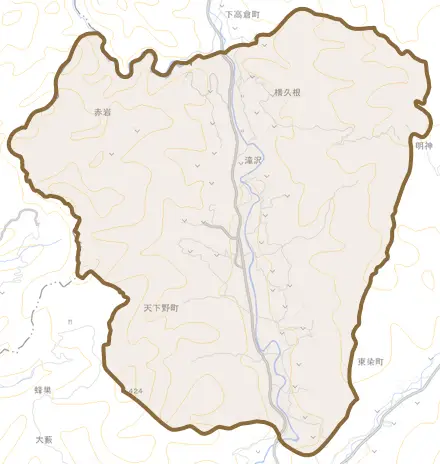 天下野町とその周辺の地図。町の範囲を重ねている
