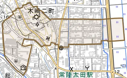 木崎二町とその周辺の地図。町の範囲を重ねている