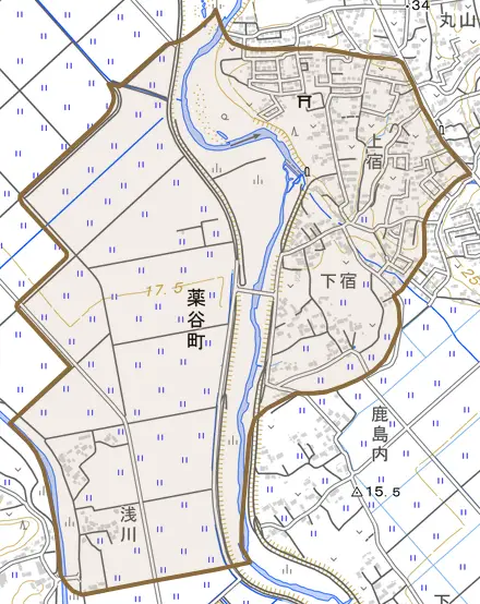 薬谷町とその周辺の地図。町の範囲を重ねている