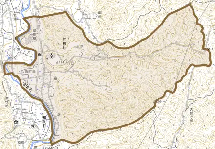 町田町とその周辺の地図。町の範囲を重ねている
