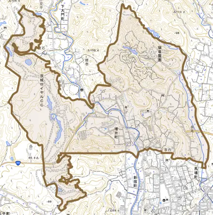 増井町とその周辺の地図。町の範囲を重ねている
