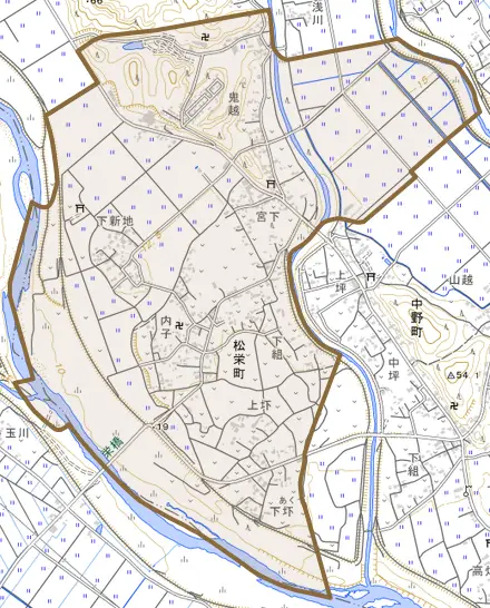松栄町とその周辺の地図。町の範囲を重ねている