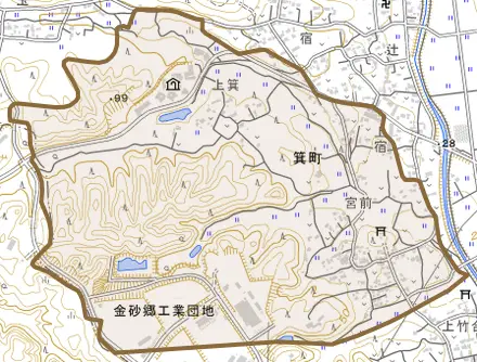 箕町とその周辺の地図。町の範囲を重ねている