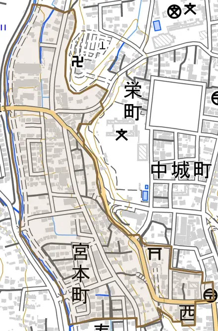 宮本町とその周辺の地図。町の範囲を重ねている