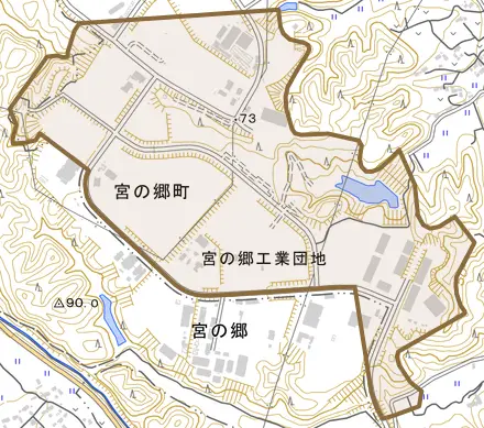 宮の郷町とその周辺の地図。町の範囲を重ねている