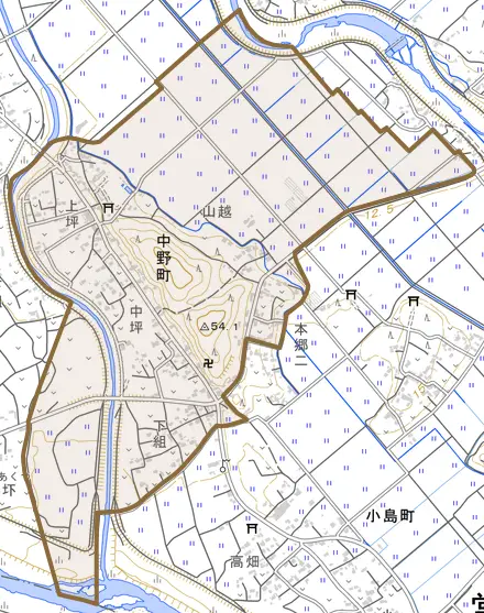 中野町とその周辺の地図。町の範囲を重ねている