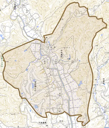 中利員町とその周辺の地図。町の範囲を重ねている